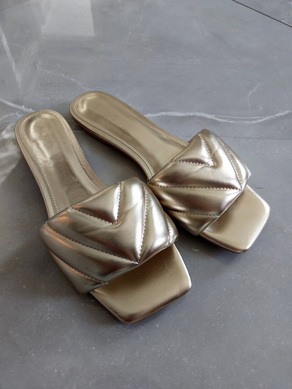 Aldo Metallic Gold Quilted Slide Sandals